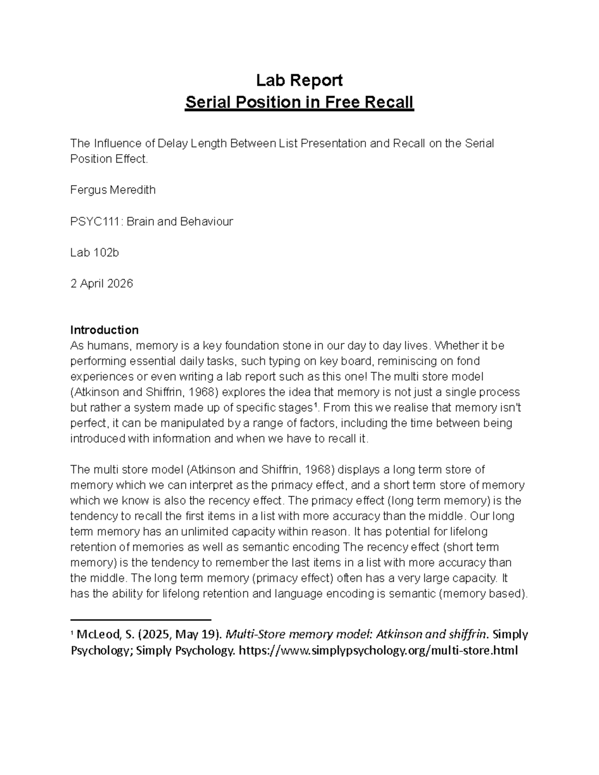 Lab Report: Serial Position Effect & Delay Influence (BB Lab 102b ...