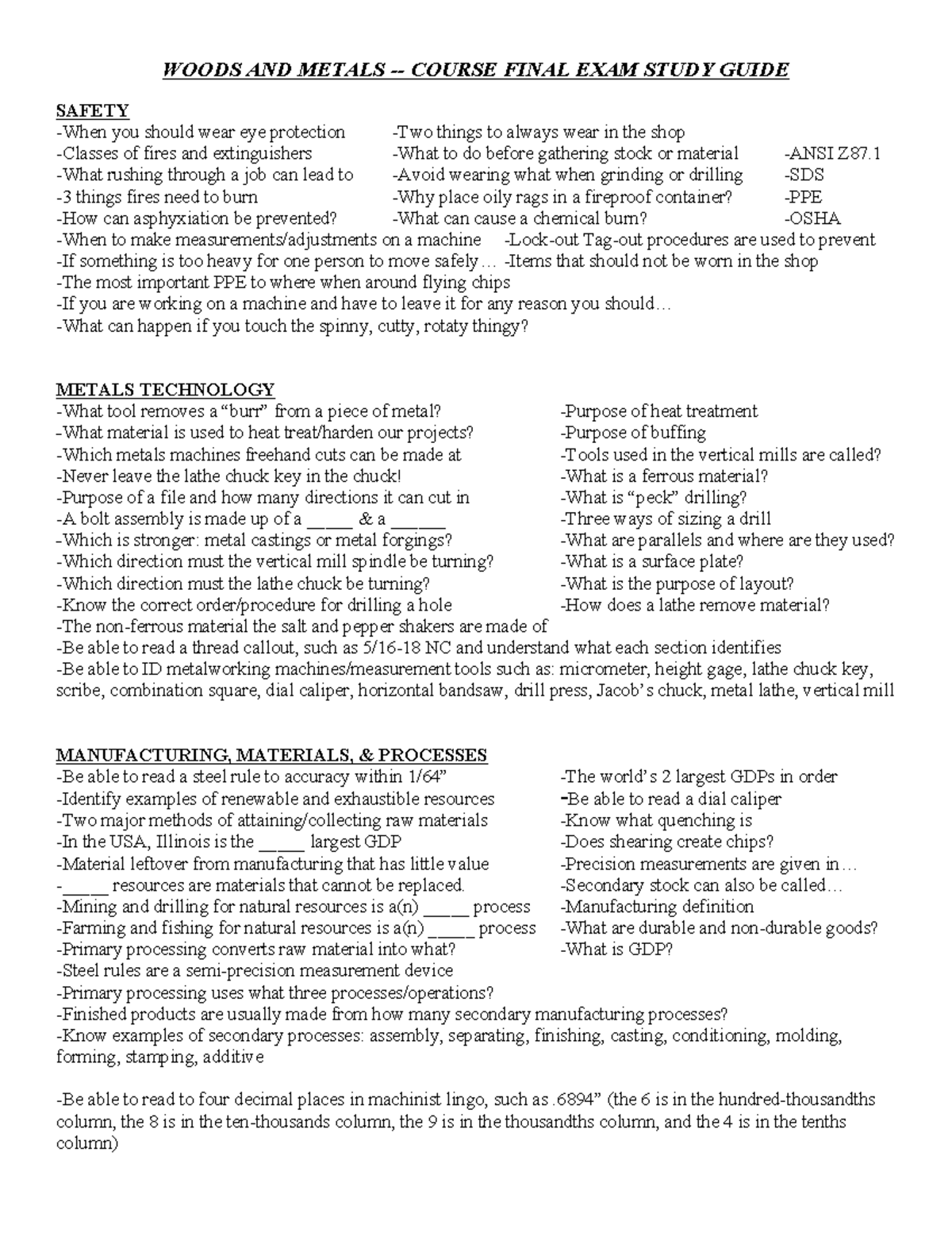 WOODS 101 FINAL EXAM STUDY GUIDE: SAFETY & METALS TECHNOLOGY - Studocu