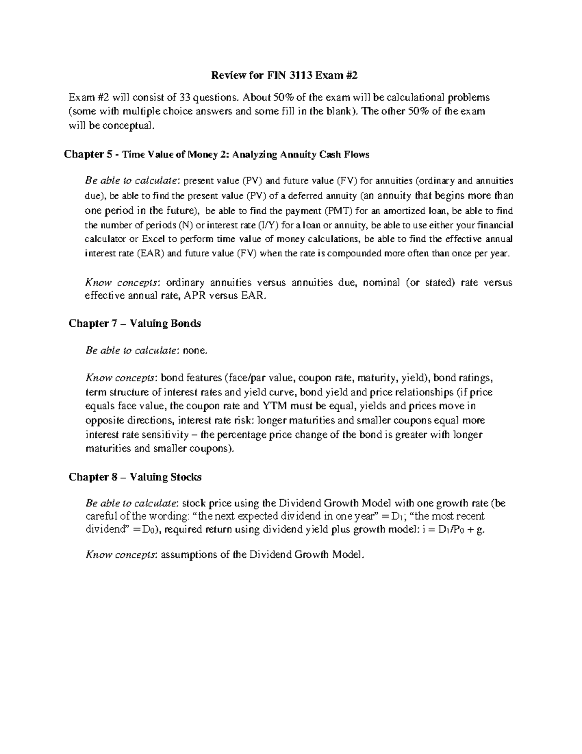 Review for FIN 3113 Exam #2: Time Value of Money, Bonds & Stocks - Studocu
