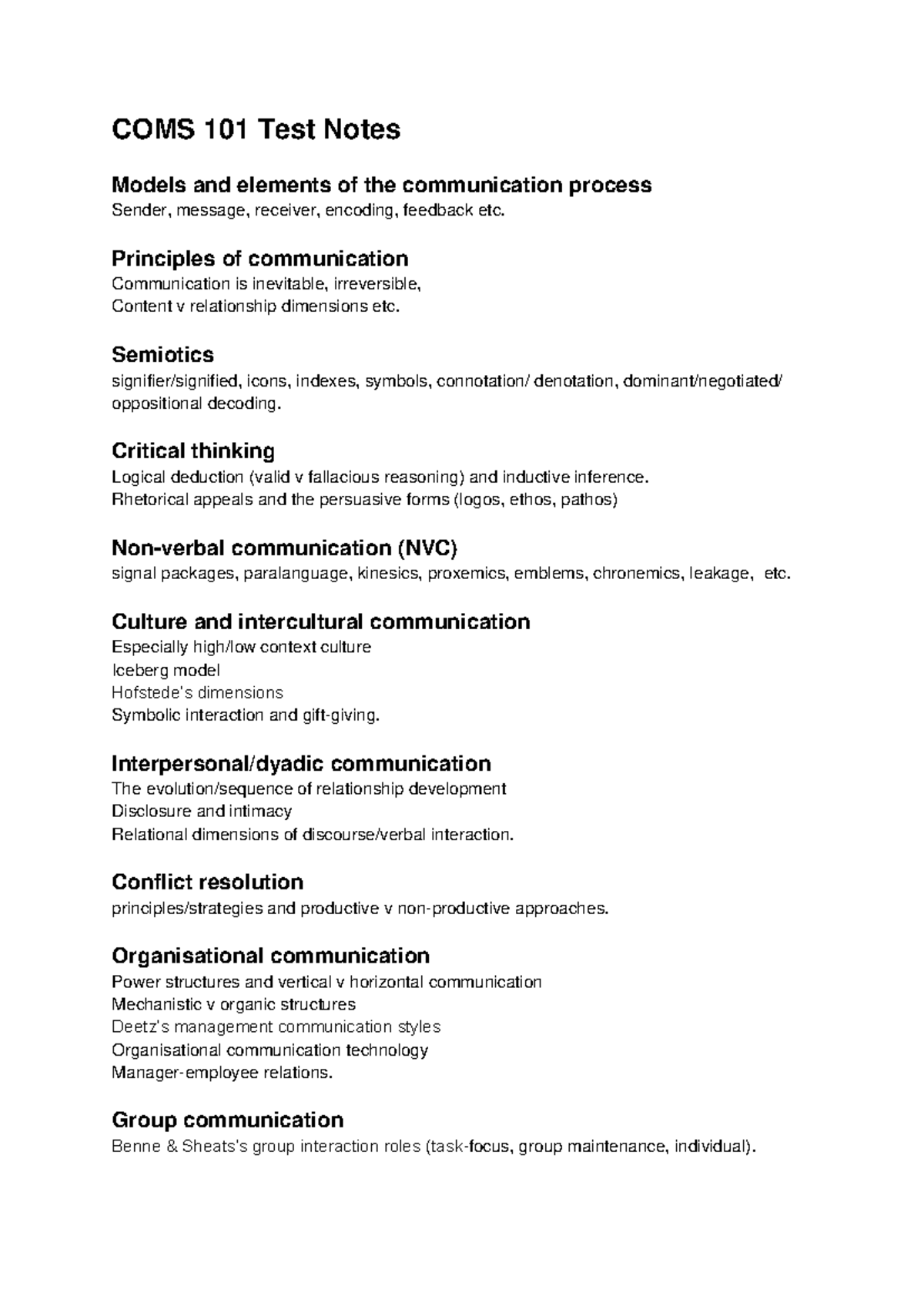 COMS 101 - Test Notes - COMS 101 Test Notes Models and elements of the ...