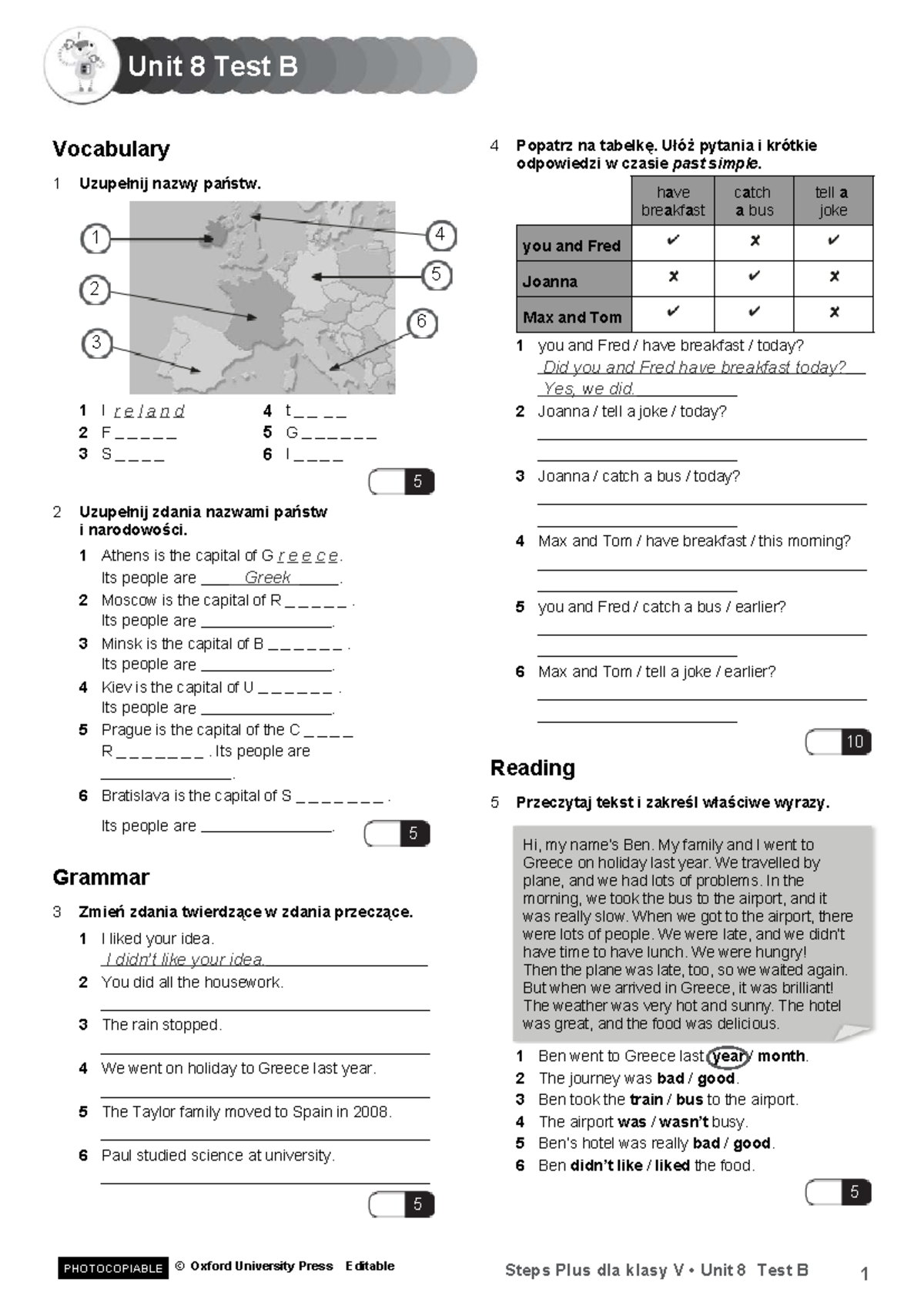 Unit 8 Test B Vocabulary & Grammar Exercises for Class V - Studocu
