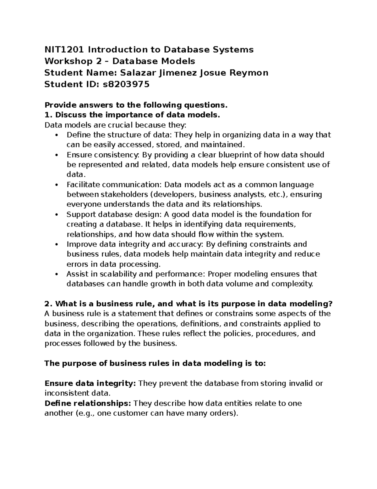 NIT1201 Workshop 2: Database Models and SQL Exercises - Studocu