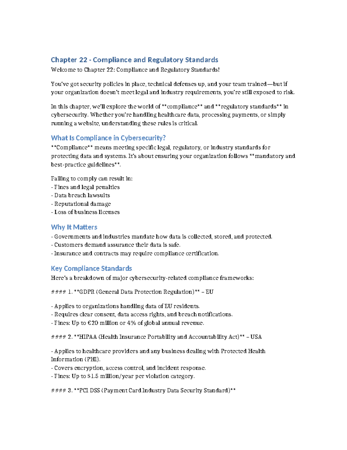 Chapter 22 - Compliance & Regulatory Standards in Cybersecurity - Studocu
