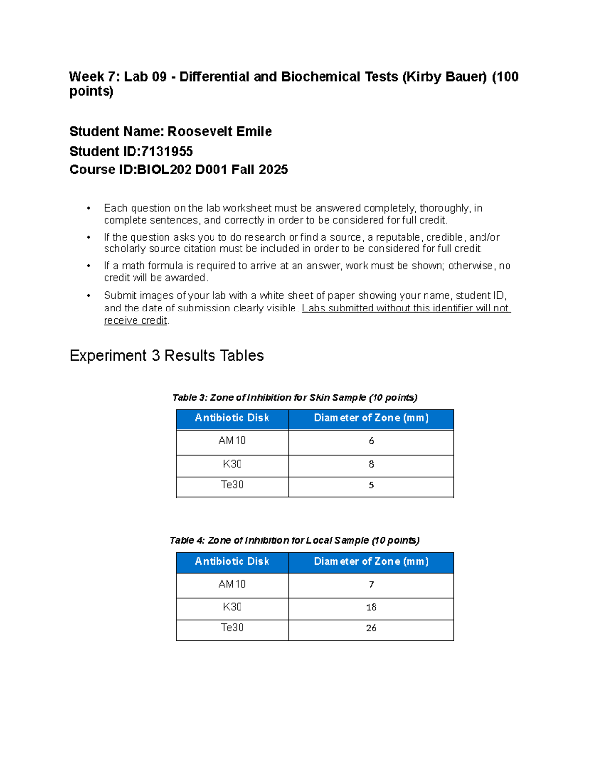 Week 7 Lab 09: Differential & Biochemical Tests (BIOL202 D001) - Studocu