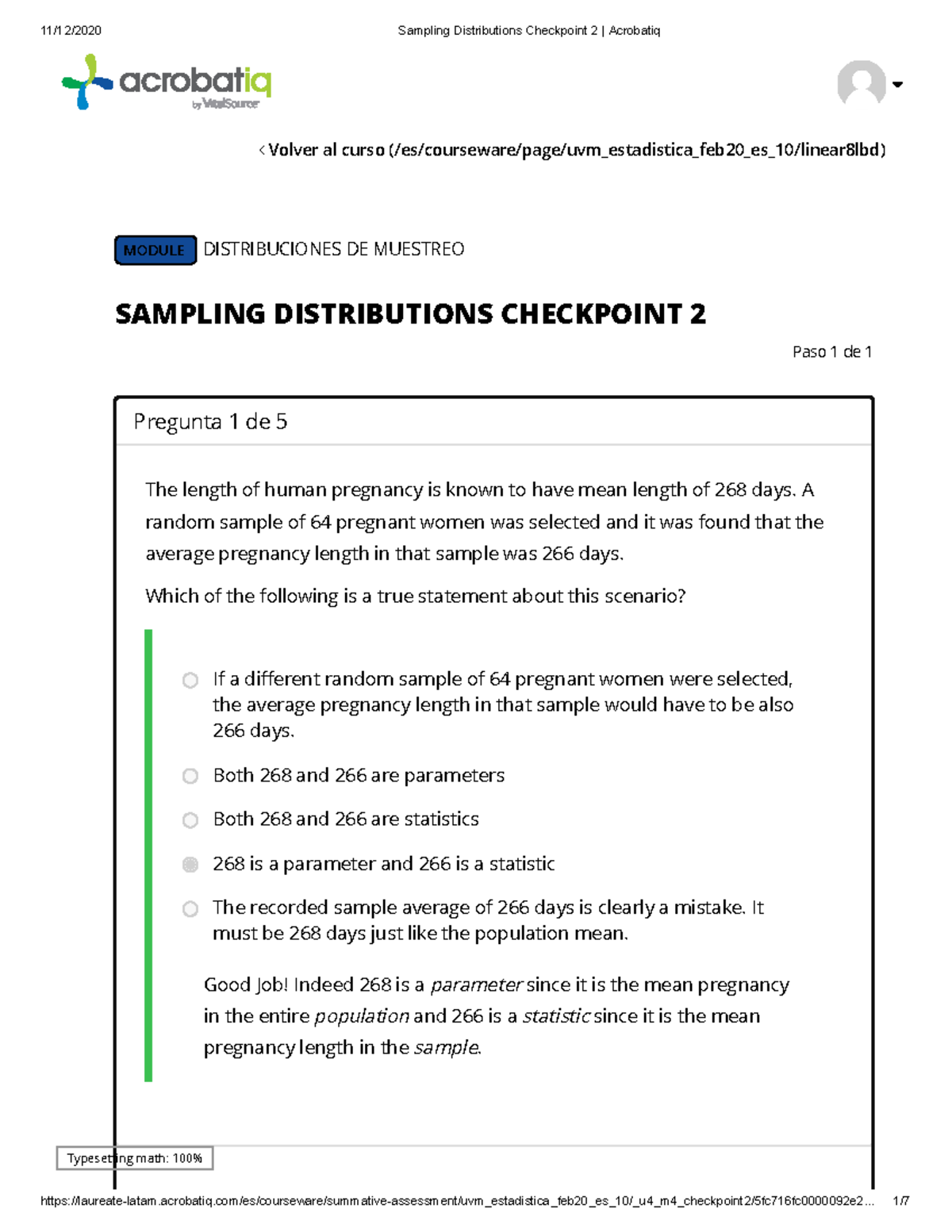 Sampling Distributions Checkpoint 2 Acrobatiq - MODULE DISTRIBUCIONES ...