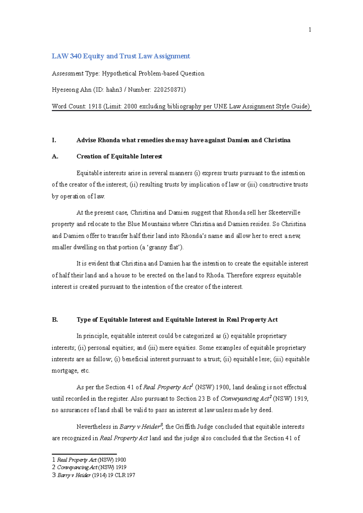 LAW340 T2 2022: Equity and Trust Law Assignment on Remedies - Studocu