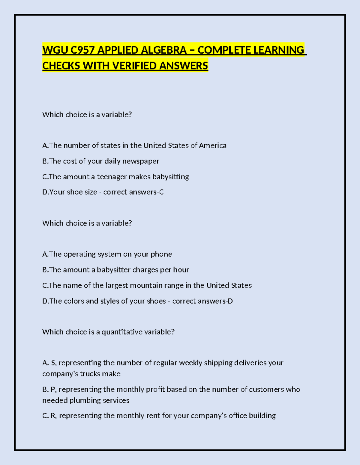 WGU C957 Applied Algebra - Complete Learning Checks & Answers - Studocu