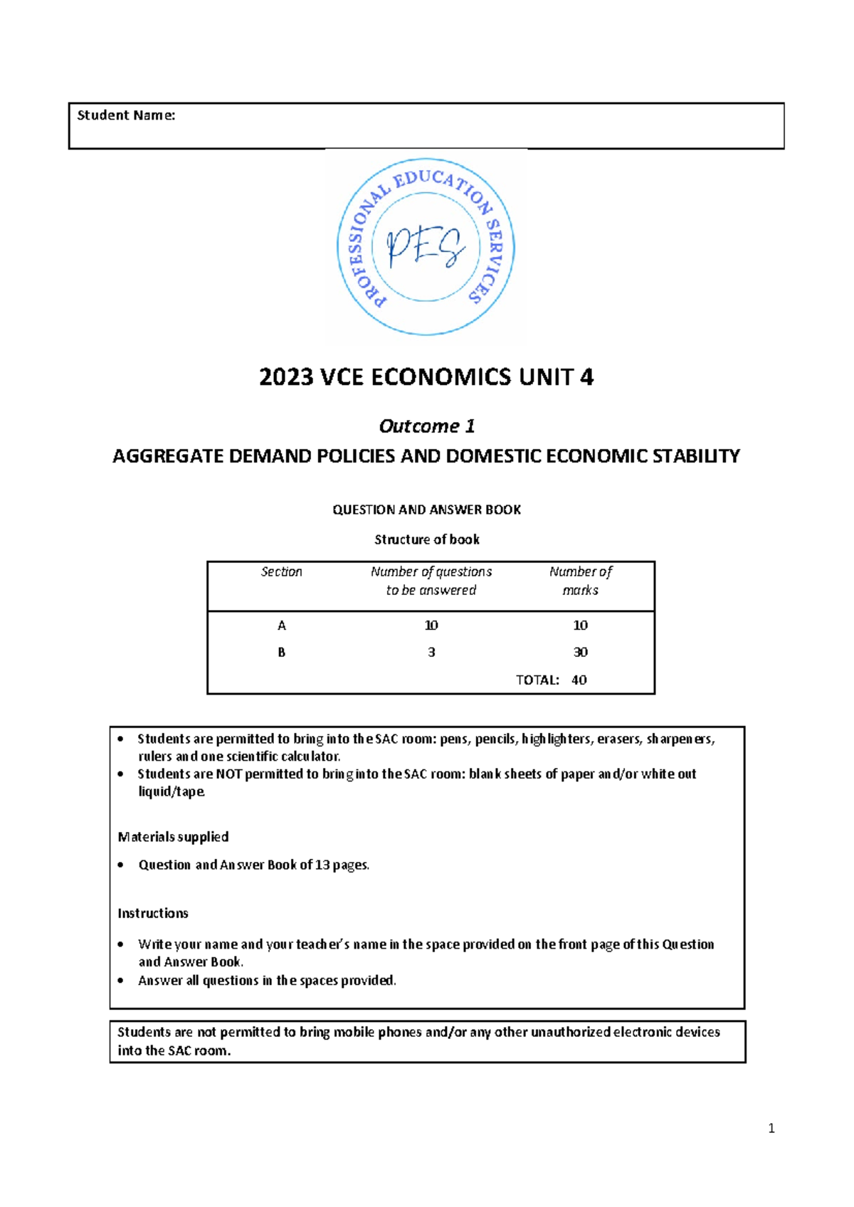 2024 VCE Economics Unit 4 AOS 1 Question & Answer Book - Studocu