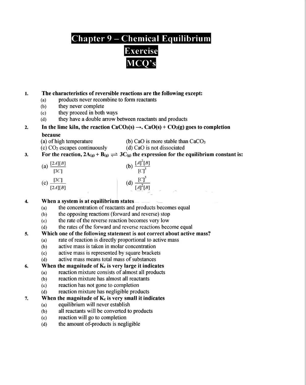 10th Chemistry Chapter 9: Chemical Equilibrium Exercises - Studocu