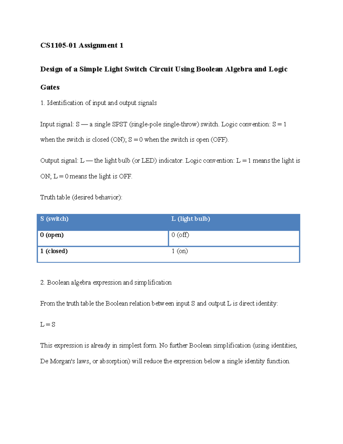CS 1105-01 Assignment 1: Light Switch Circuit Design Using Boolean ...