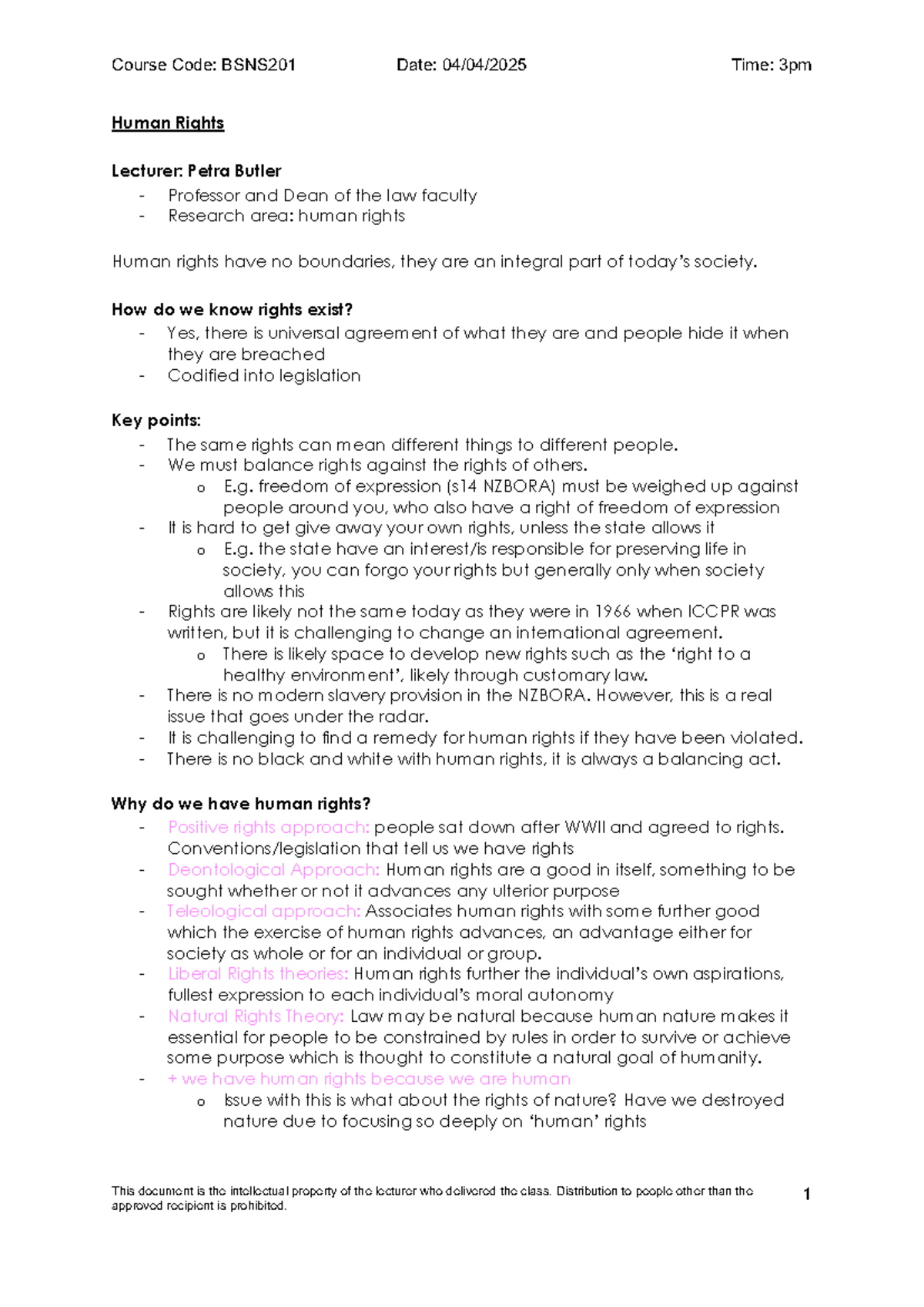 BSNS201 Lecture Notes: Overview of Human Rights Concepts & Theories ...