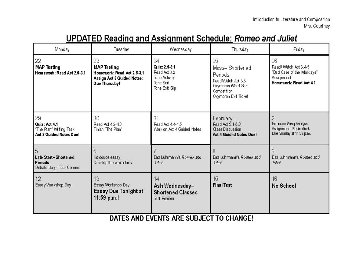 Reading Schedule Romeo and Juliet - Introduction to Literature and ...