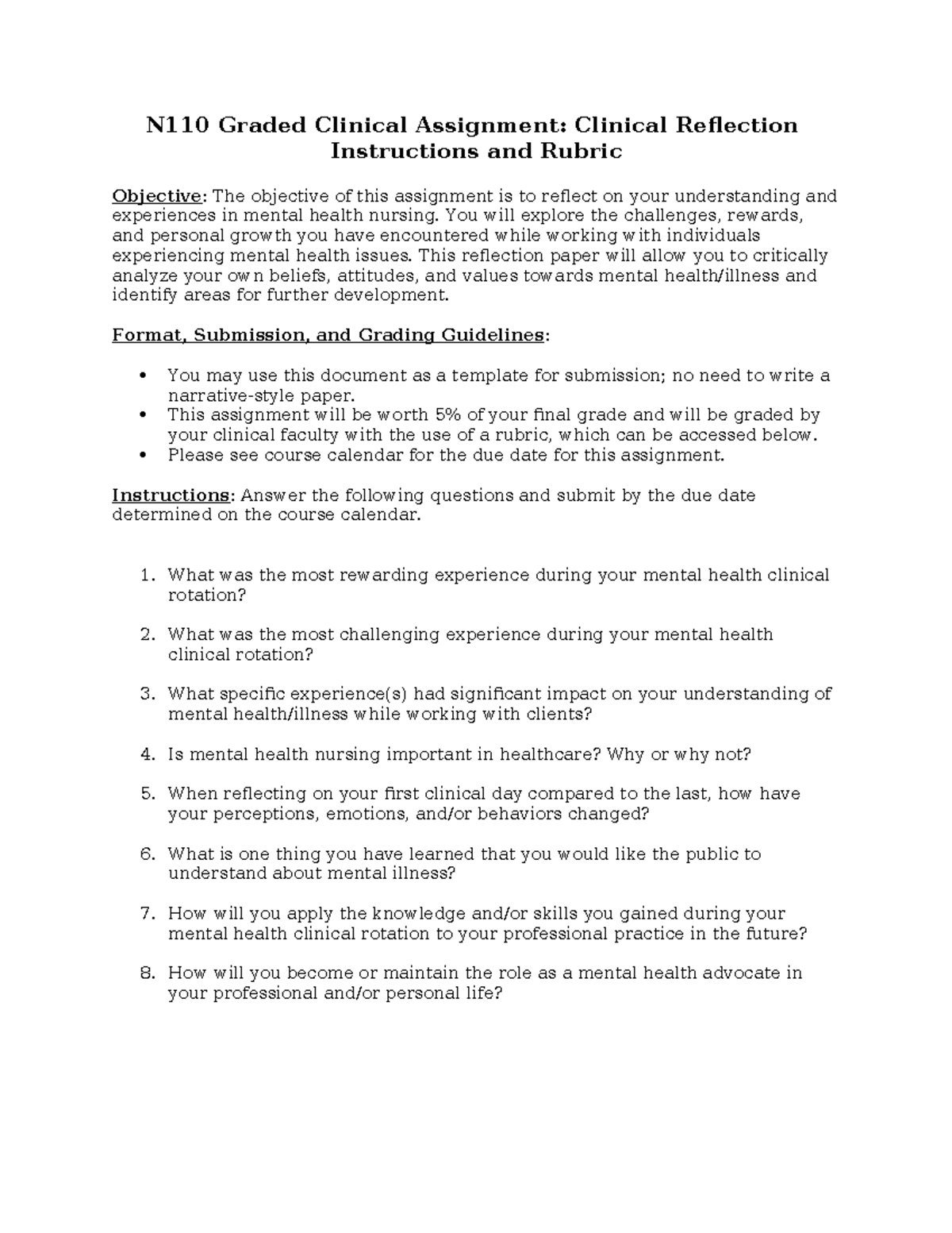N110 Mental Health Clinical Reflection Paper F24 - N110 Graded Clinical ...