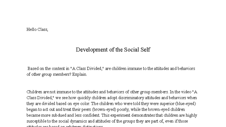 2-1 Discussion: Understanding the Development of the Social Self - Studocu