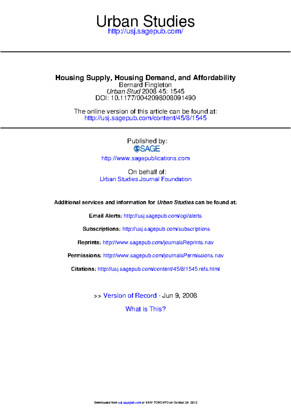 Housing Supply, Demand, and Affordability - Fingleton 2008 Analysis ...