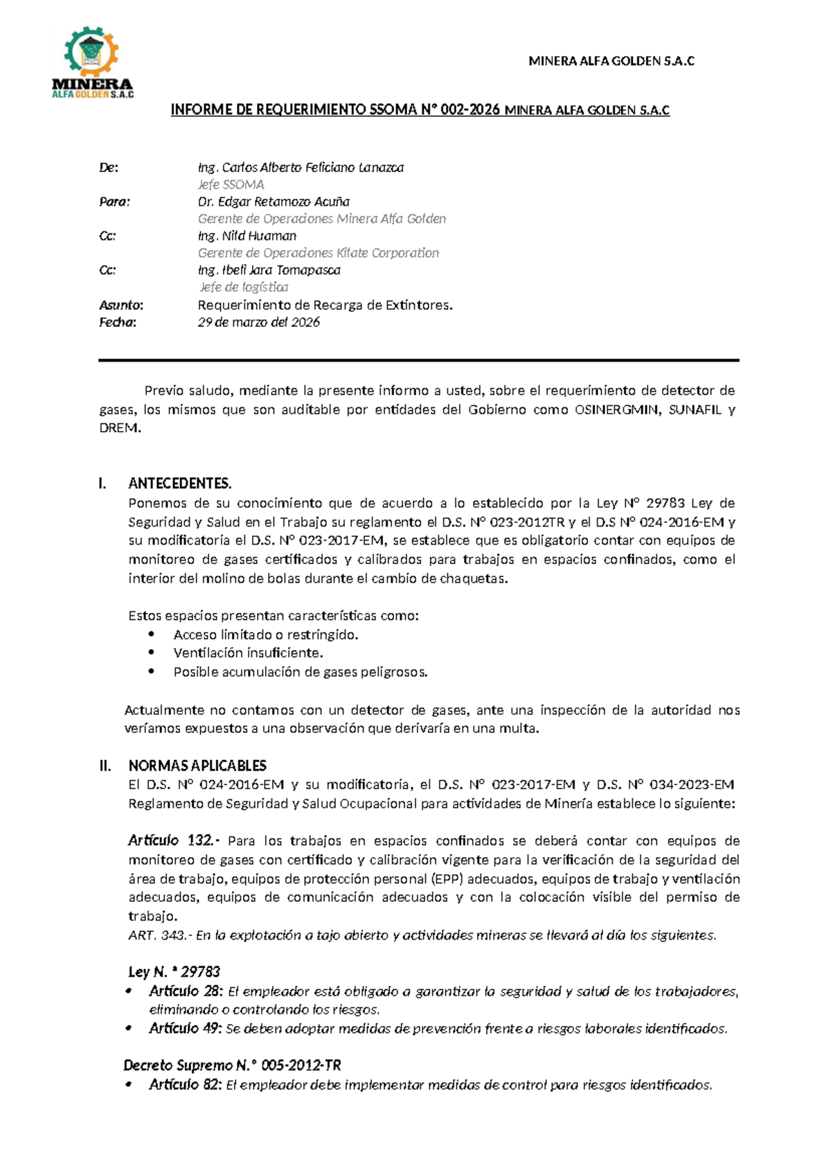 Informe de Requerimiento de Detector de Gases - MINERA ALFA GOLDEN S.A ...