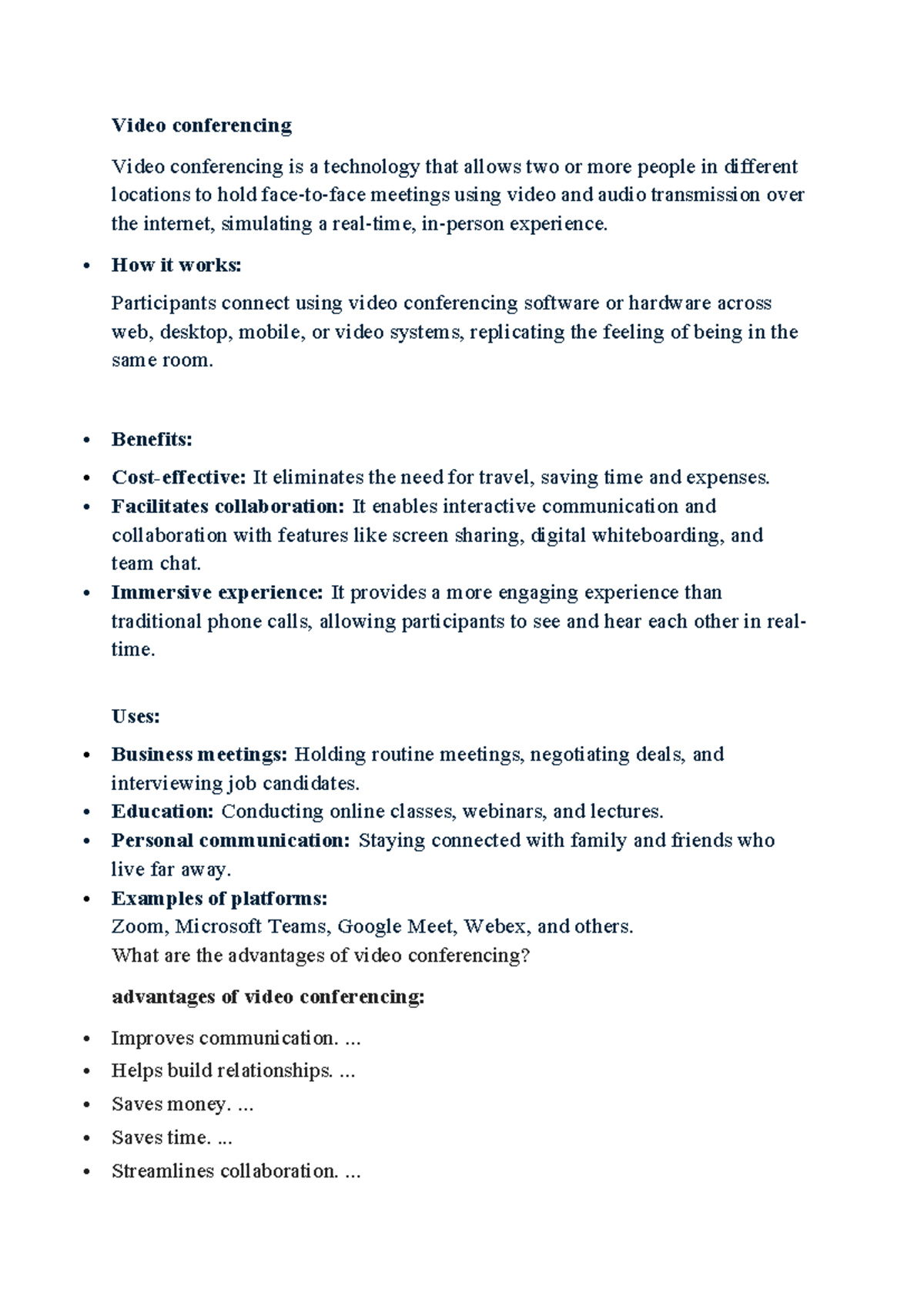 Video Conferencing Notes - CS: Benefits, Uses, and Best Practices - Studocu