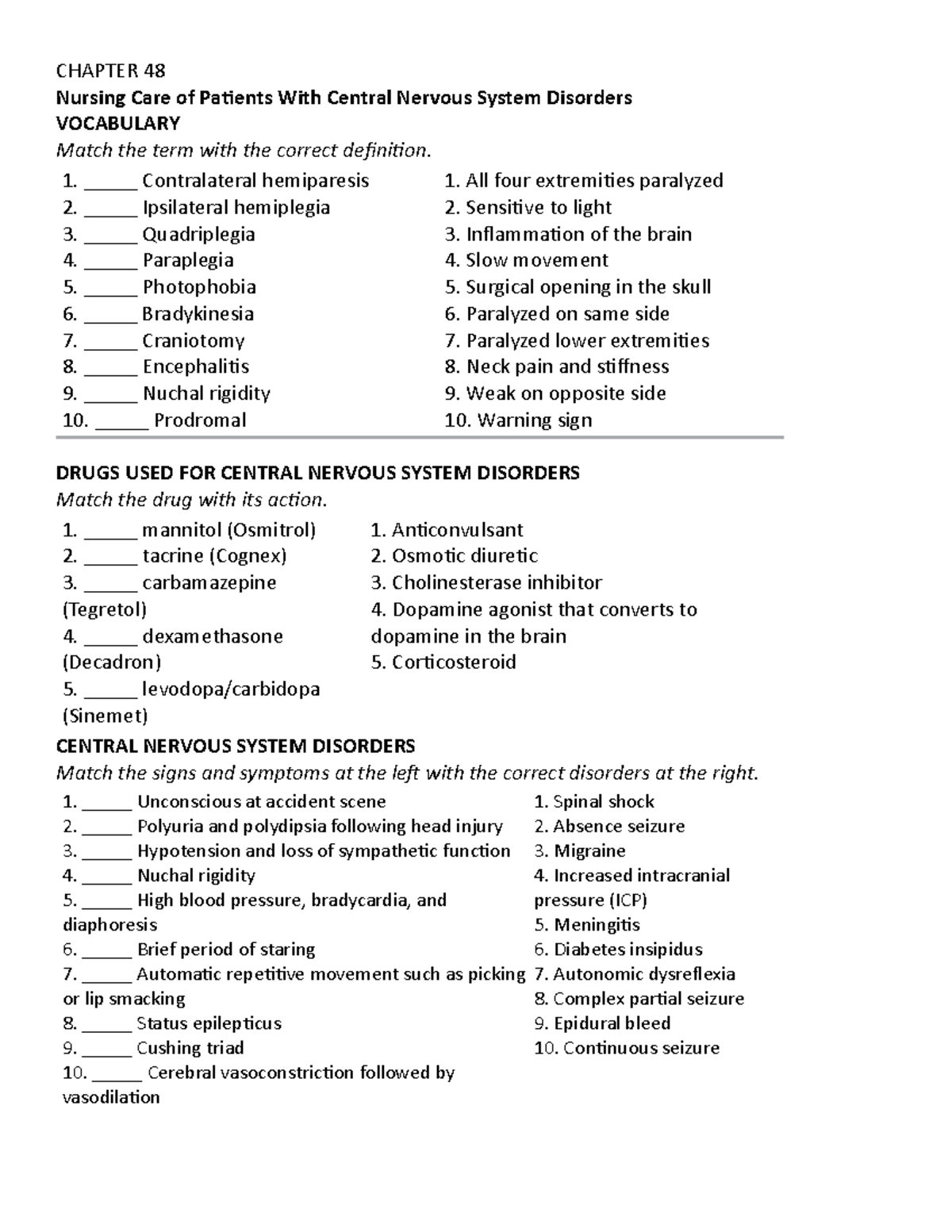 Chapter 48 Study Guide: Nursing Care for CNS Disorders - Med Surg - Studocu