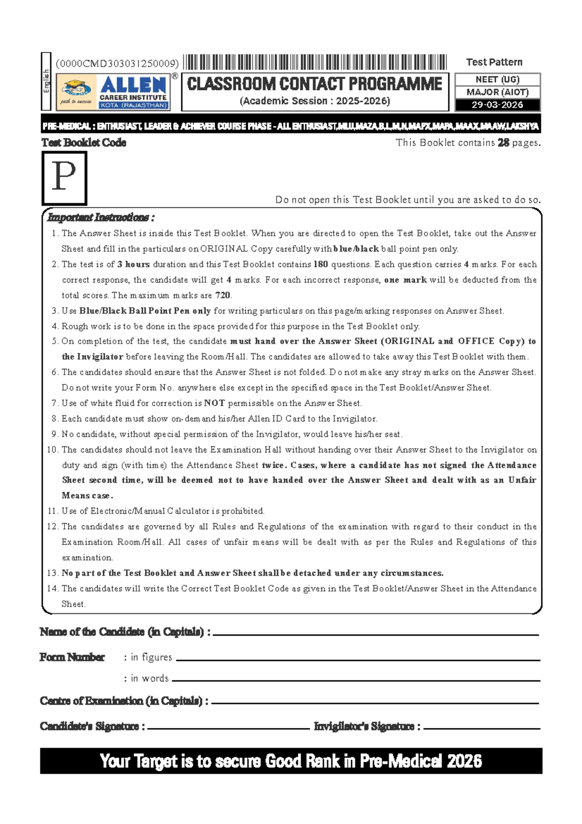 Final Exam NEET (UG) MAJOR (AIOT) Physics & Biology Test Paper SET P - Document Preview