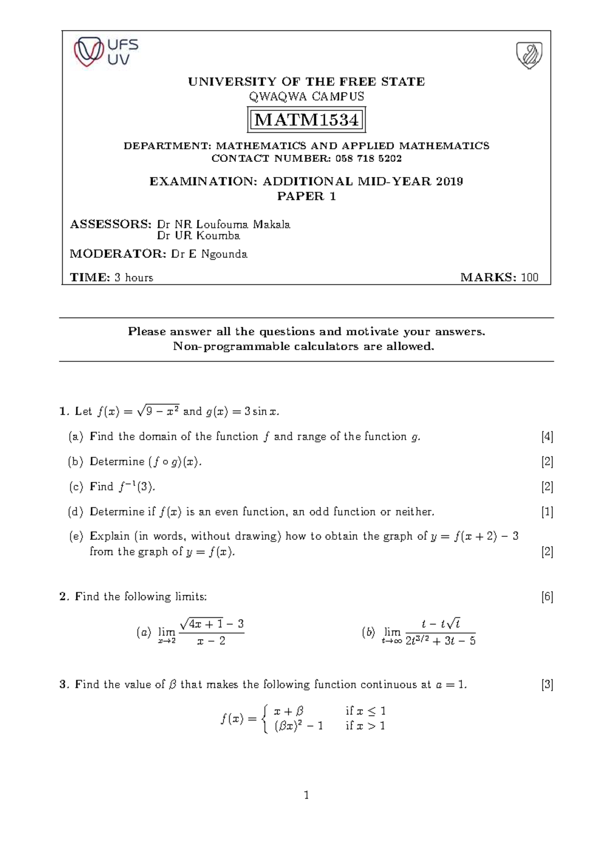 MATM1534 Additional Exam 2019 - Practice Paper - Studocu