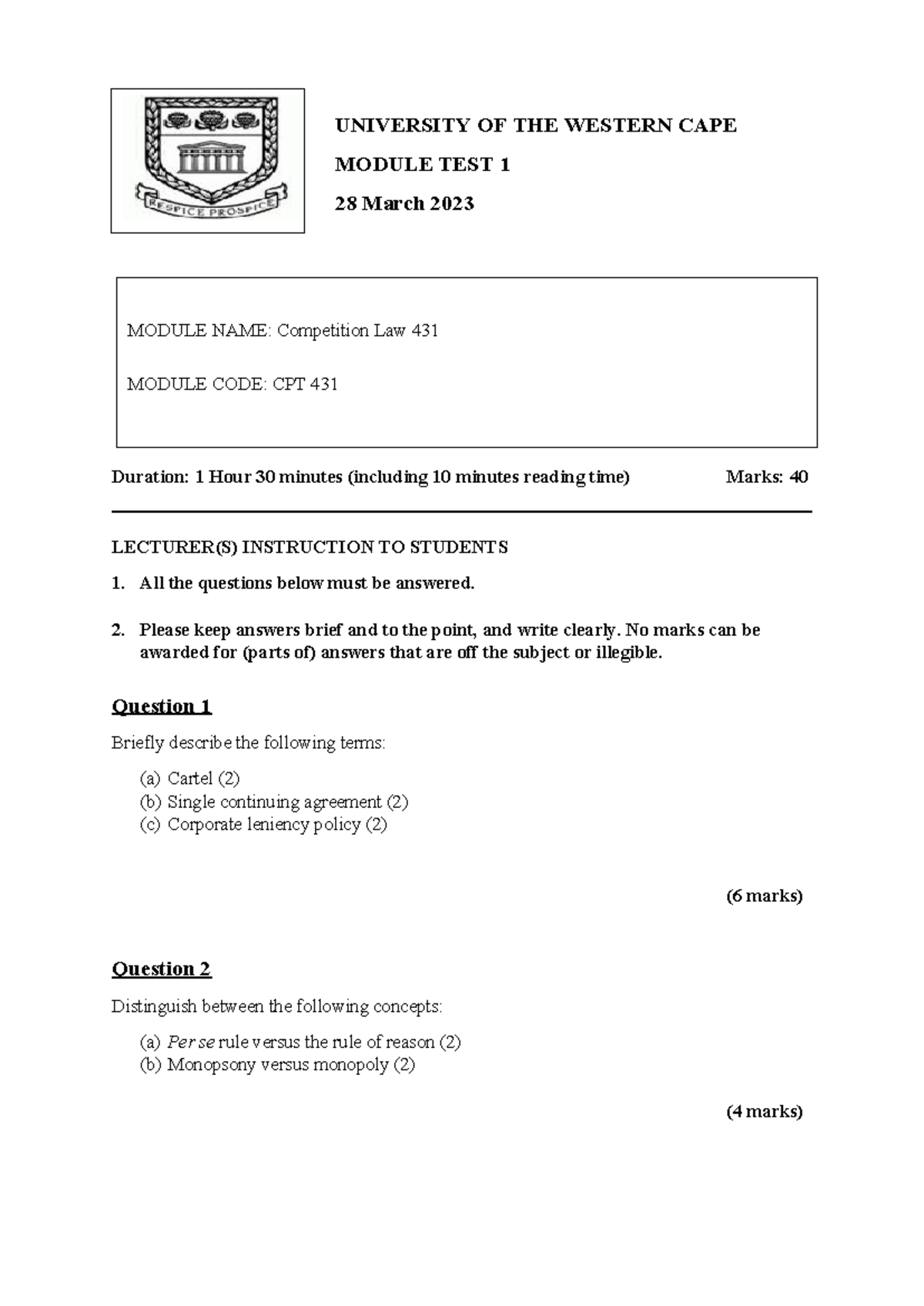 CPT 431 Test 1 2023 - Competition Law Question Paper Analysis - Studocu