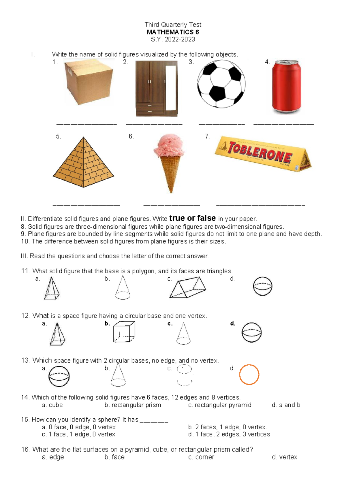 Math Examination - Third Quarterly Test MATHEMATICS 6 S. 2022- I. Write ...