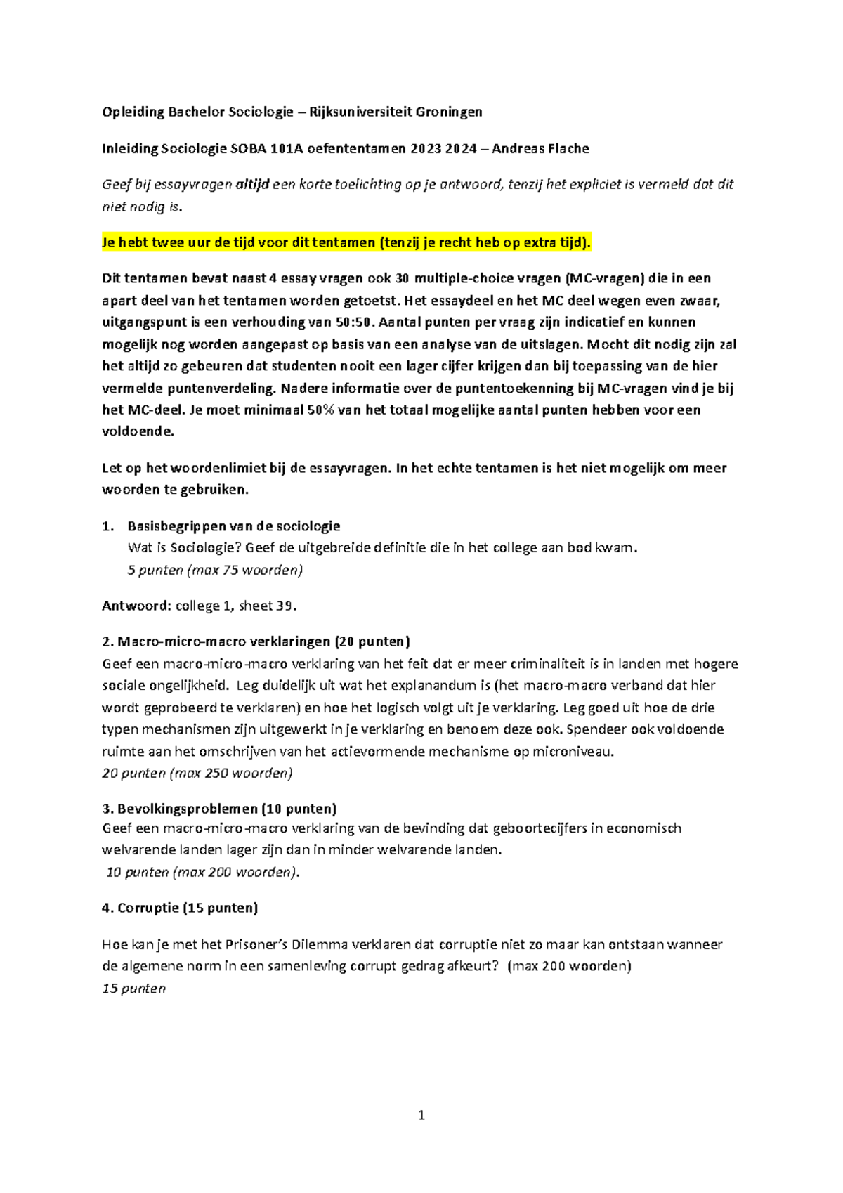 Oefententamen Inleiding Sociologie SOBA 101A 2023-2024 Studiegids ...