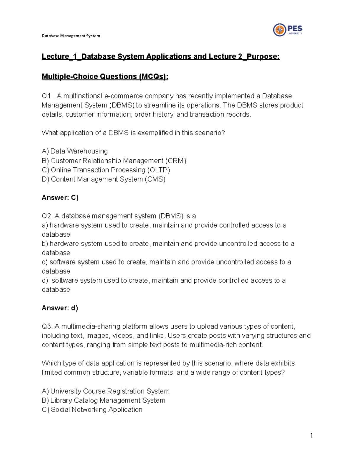 Unit 1 QB DBMS: Multiple Choice & Short Answer Questions Compilation ...