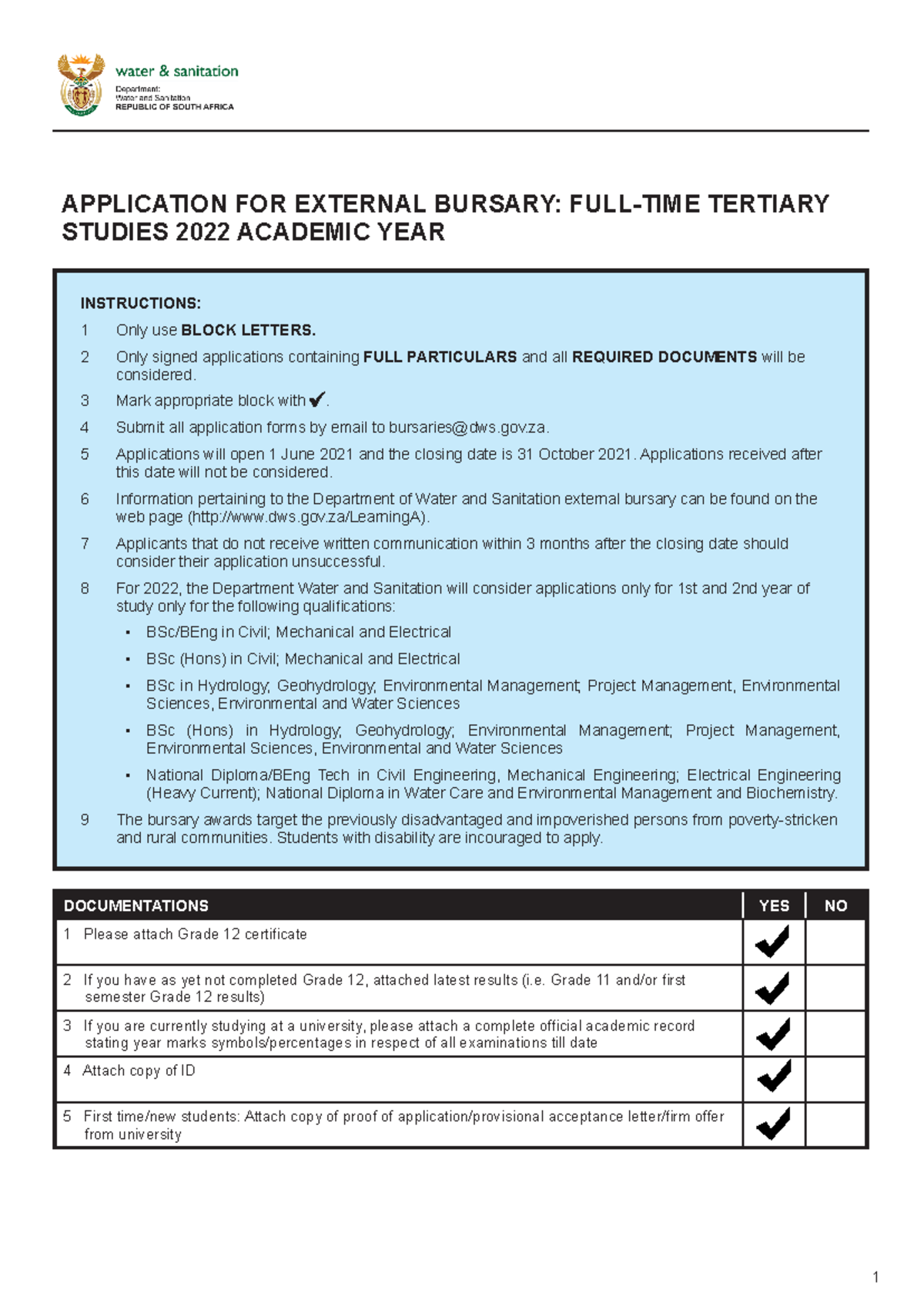 2022 DWS External Bursary application form - APPLICATION FOR EXTERNAL ...