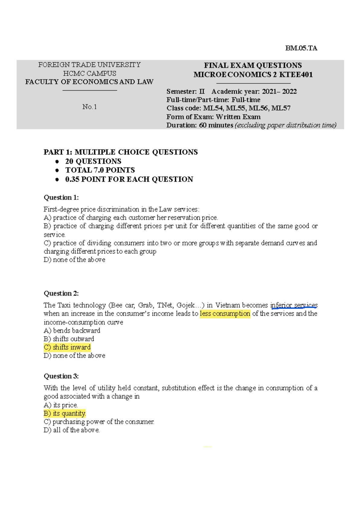 BM.05.TA Microeconomics 2 KTEE401 Final Exam Questions - Semester II ...
