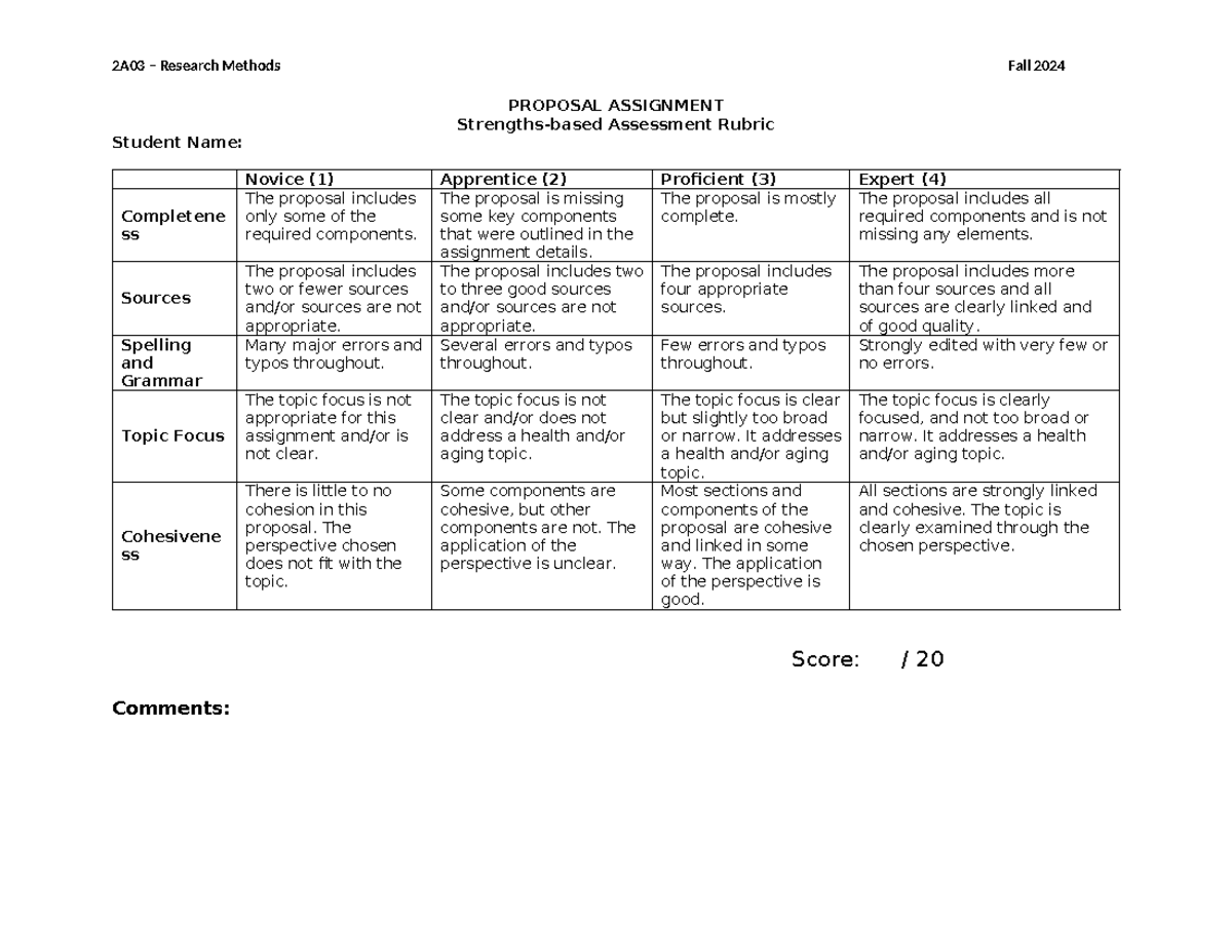 2BB3 Proposal Rubric - 2A03 – Research Methods Fall 2024 PROPOSAL ...