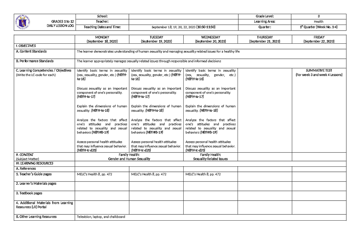 DLL - Health 8 - Weekly Lesson Log & Activities for Quarter 1 - Studocu