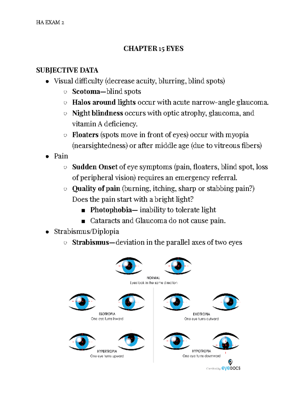 Health Assessment EXAM 2 - CHAPTER 15 EYES SUBJECTIVE DATA Visual di ...