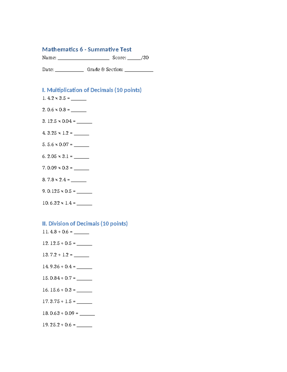 Math 6 Summative Test: Decimals with Solutions - Studocu