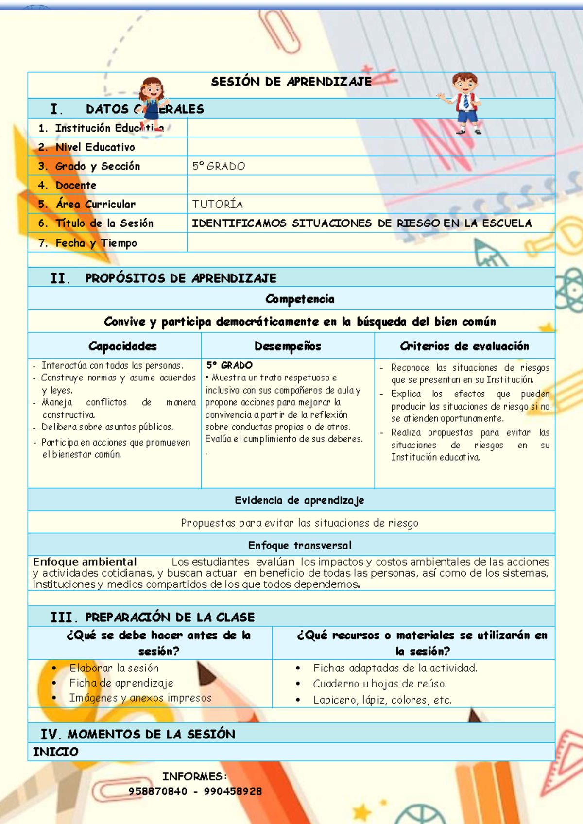 5º Grado - TUTORÍA - Identificación de Situaciones de Riesgo Escolar