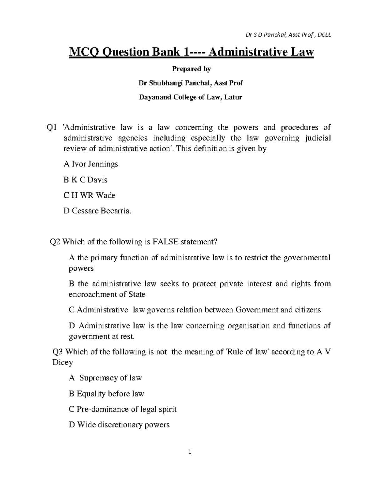 MCQ Question Bank for Admin Law - Course Code: LAW101 - Studocu