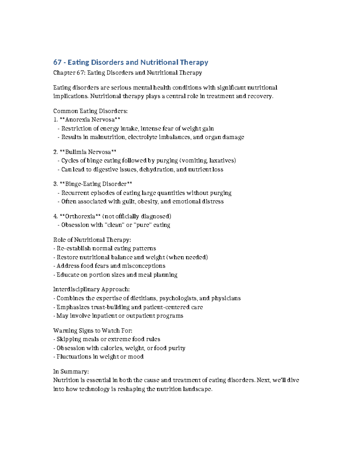 67 - Chapter on Eating Disorders & Nutritional Therapy Insights - Studocu