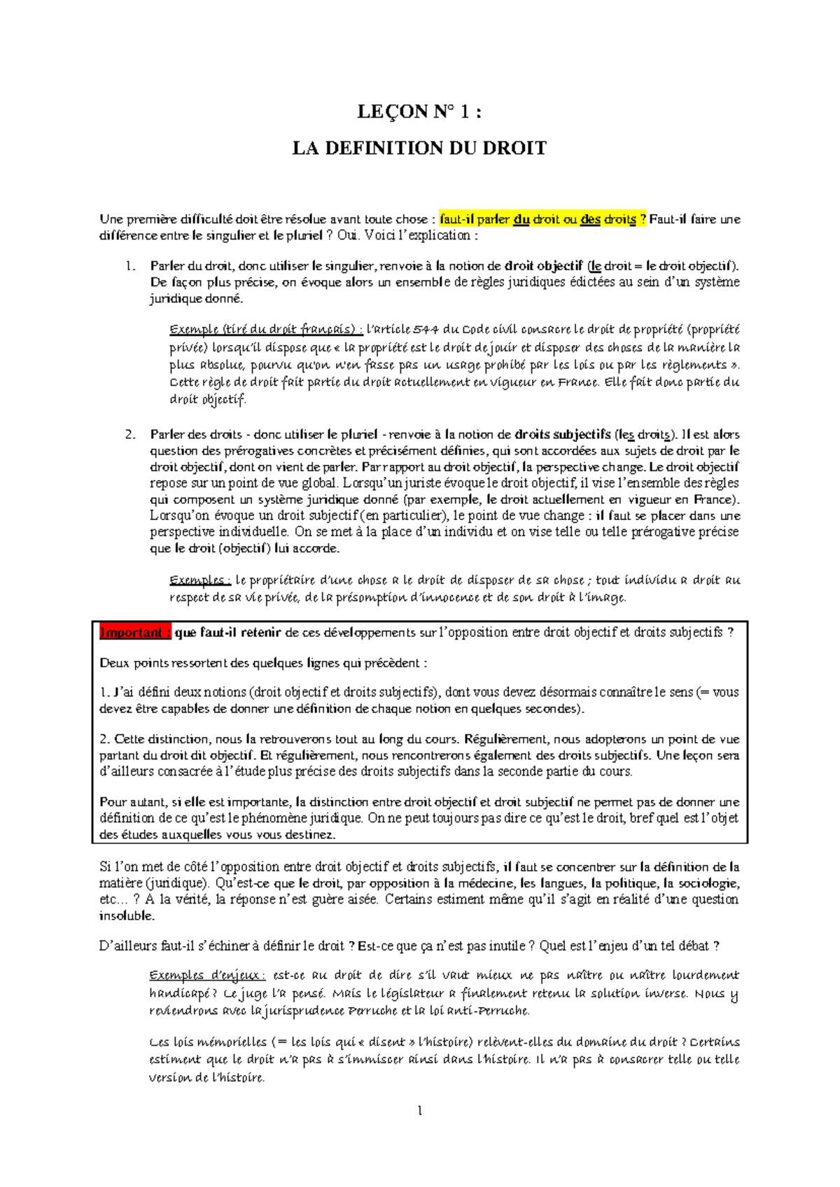 Leçon 1 - La définition du droit + reponses - LEÇON N° 1 : LA ...