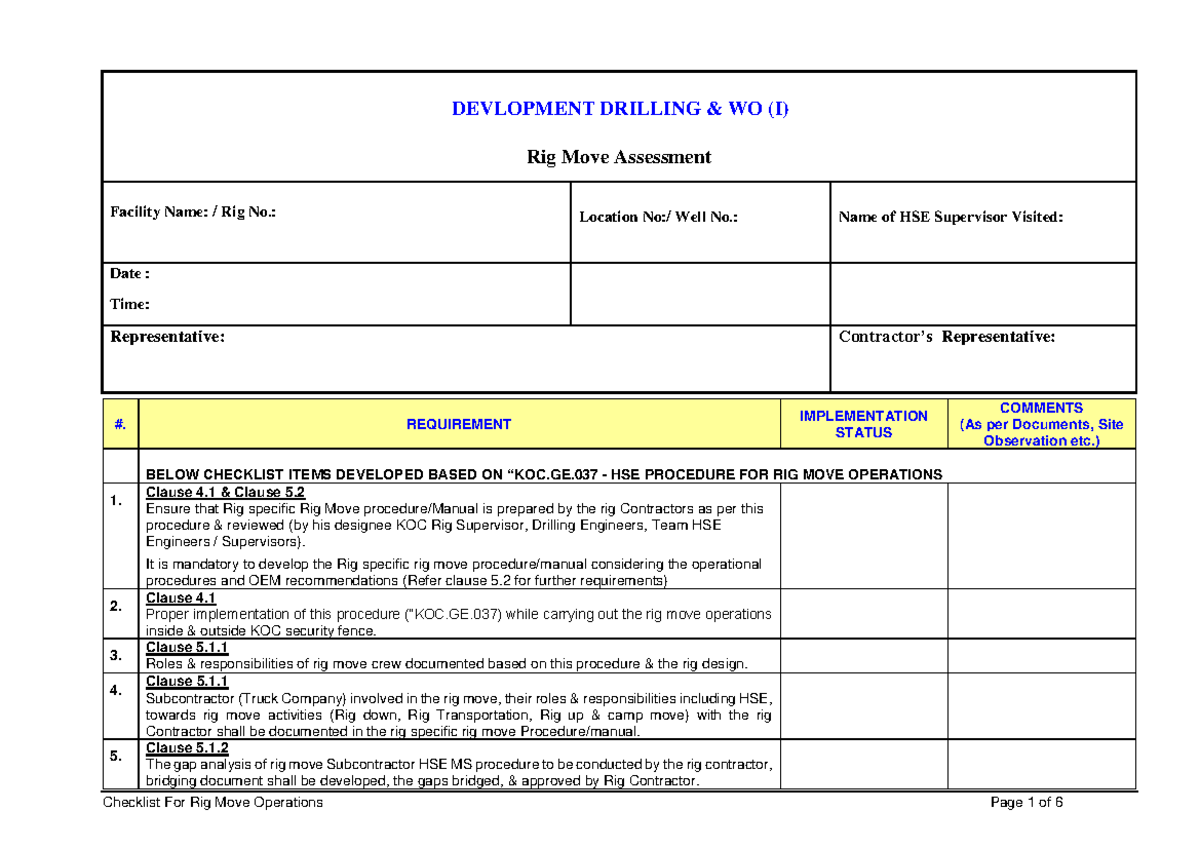 Checklist for KOC.GE.037 Rig Move Operations and HSE Compliance - Studocu