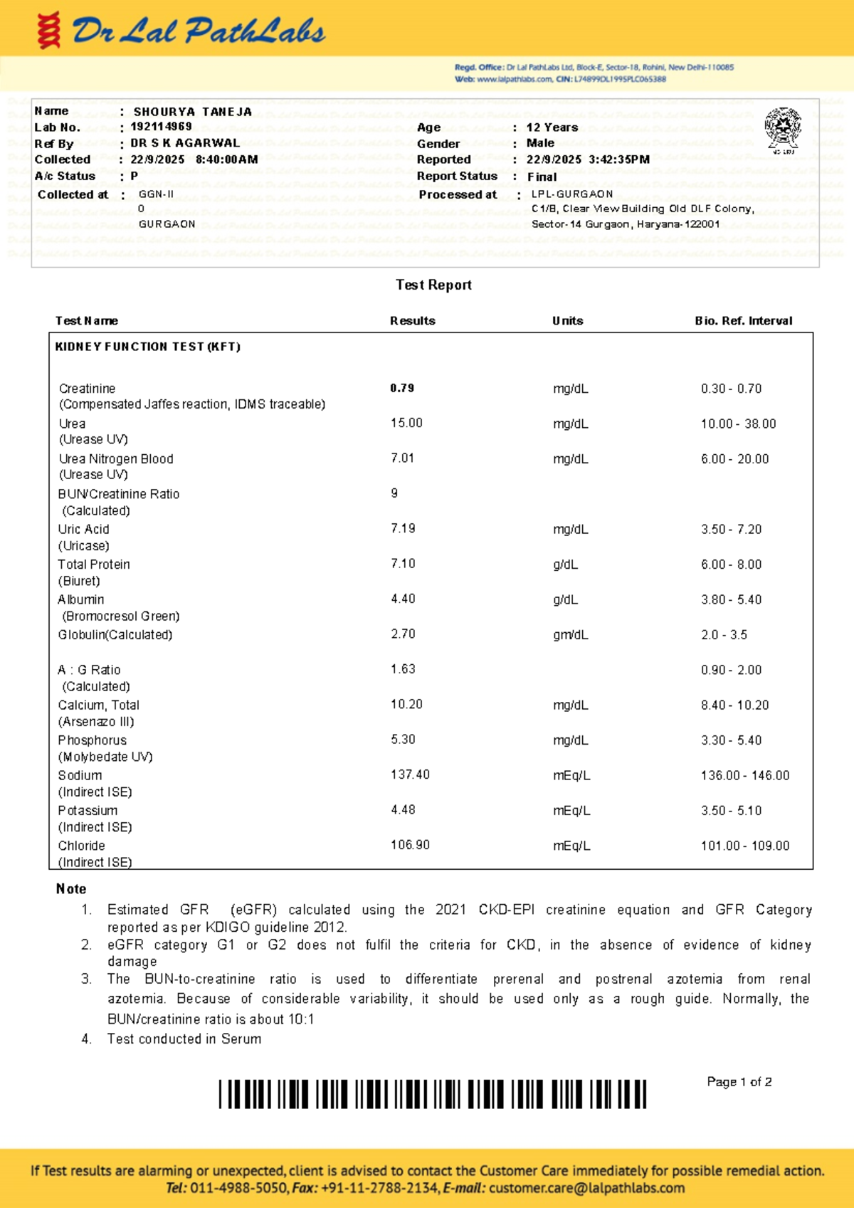 Kidney Function Test Report - Patient 192114969 - Studocu