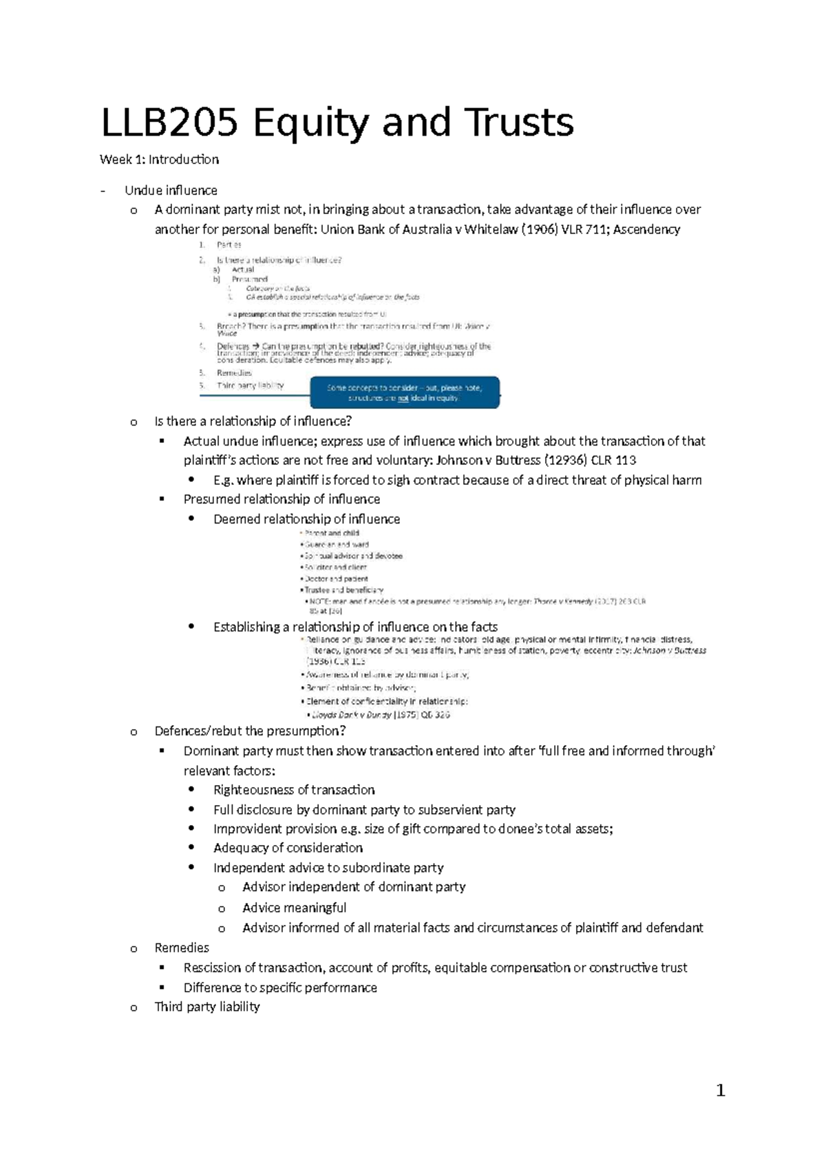 LLB205 Equity and Trusts Lecture Notes: Weeks 1-7 Overview - Studocu
