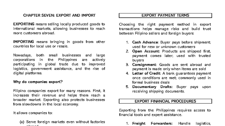Maseco 3-07-12: Chapter 7 - Export and Import Payment Terms - Studocu