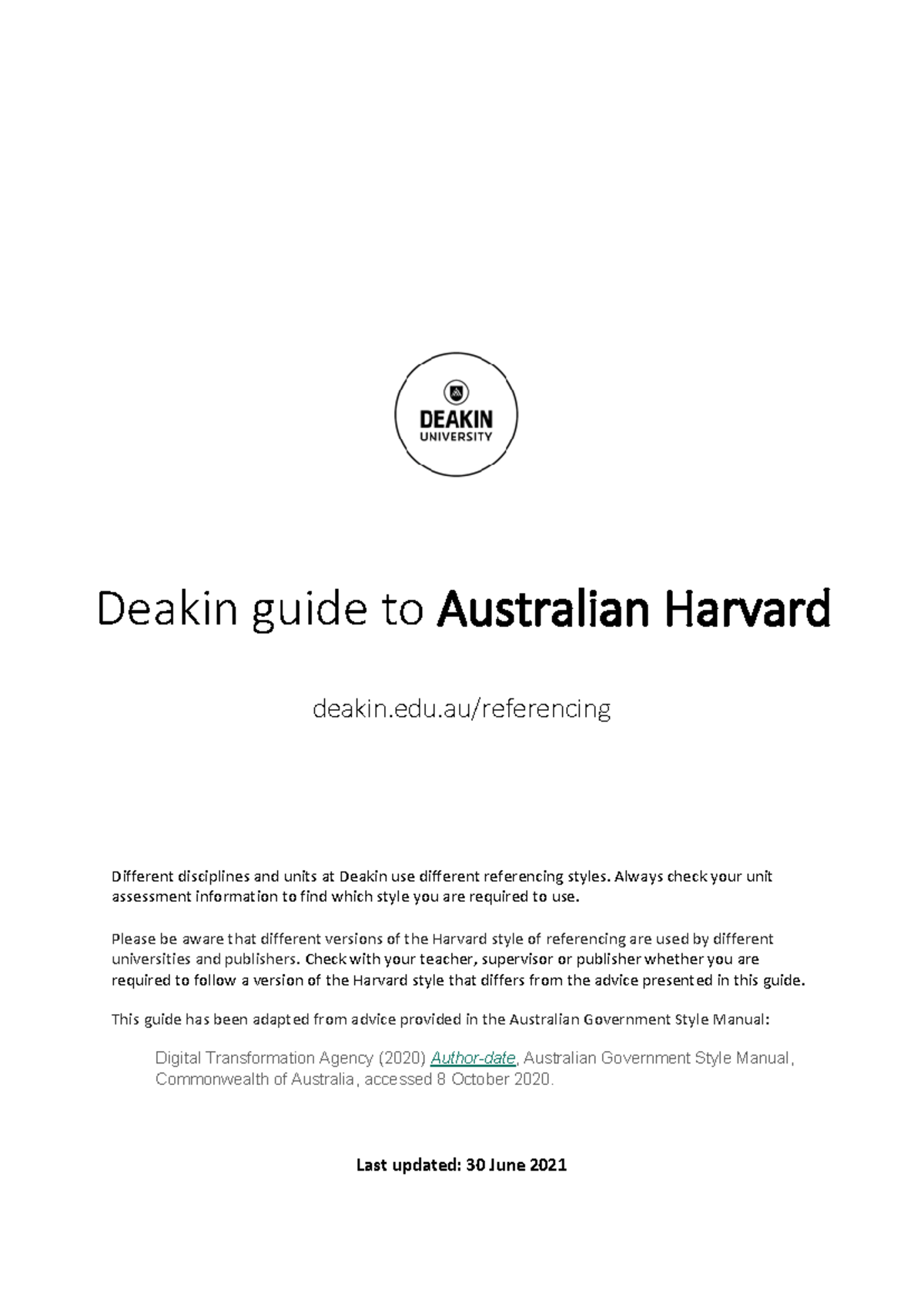 Deakin University Australian Harvard Referencing Guide - Studocu