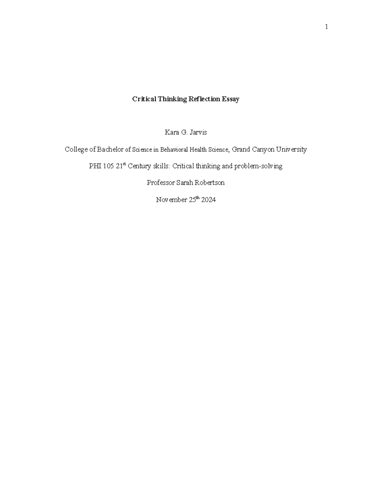 PHI 105 Final Exam: Critical Thinking Reflection Essay - Studocu