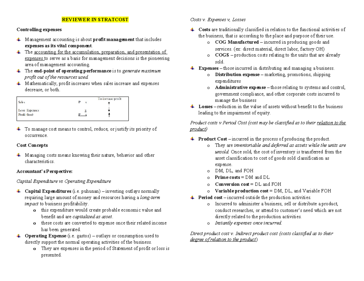 Reviewer in Stratcost - Summary for BS Accountancy Course - Studocu