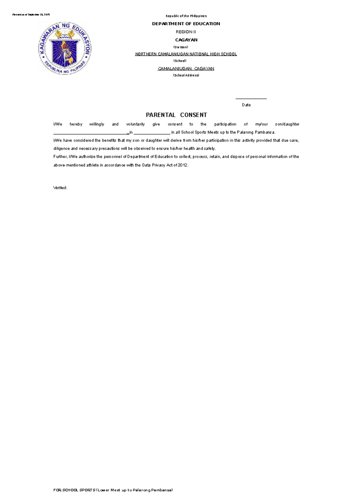 Revised Parental Consent for School Sports Meets 2020 - Studocu