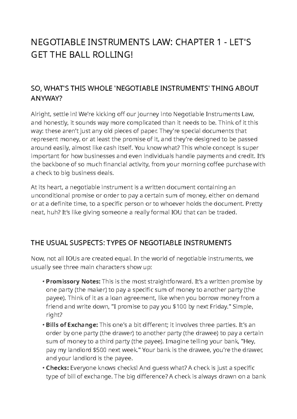 Negotiable Instruments Law: Chapter 1 Overview and Key Concepts - Studocu