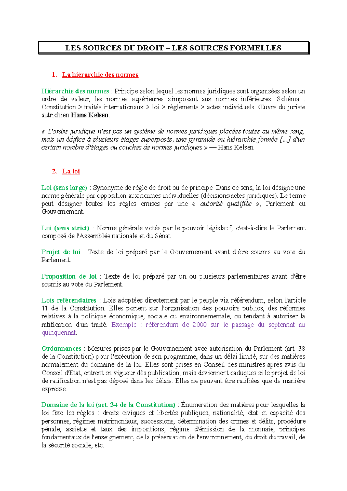 Les Sources du Droit : Hiérarchie et Application des Normes - Studocu