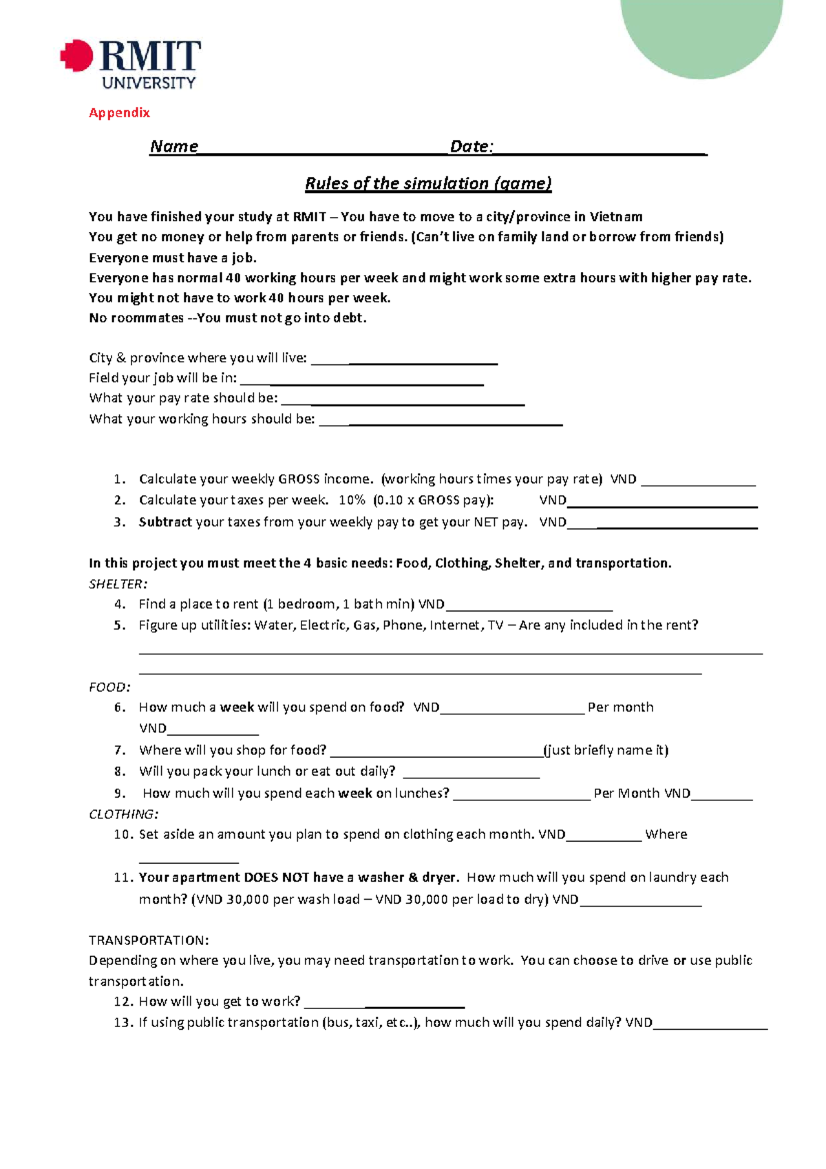 Appendix - Simulation Game Rules and Budget Planning (ABCD) - Studocu
