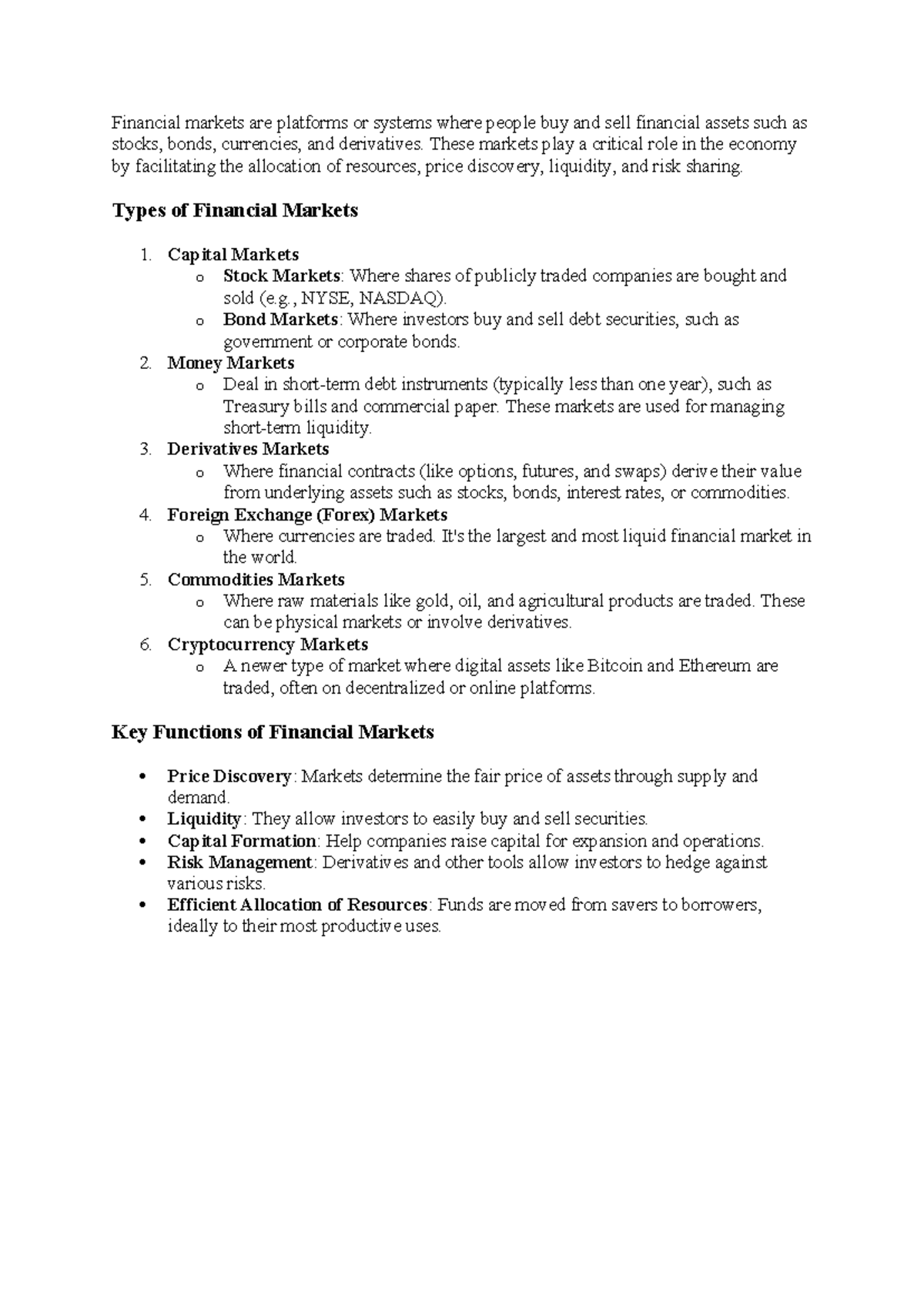 Financial Markets Overview - Notes on Types & Functions - Studocu